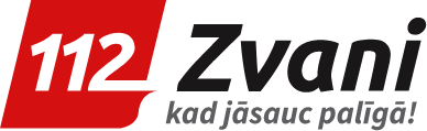 112 logo - sarkans kvadrāts ar baltiem cipariem 112. Blakus melnas krāsas teksts - Zvani kad jāsauc palīgā